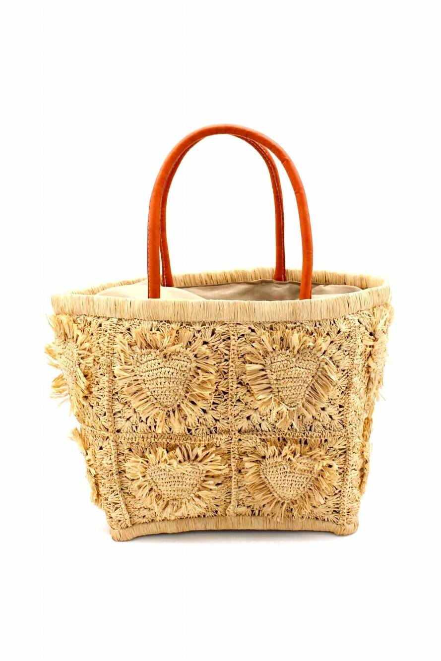 NEW SHEBOBO women's hearts crochet straw basket bag with fringed heart pattern i